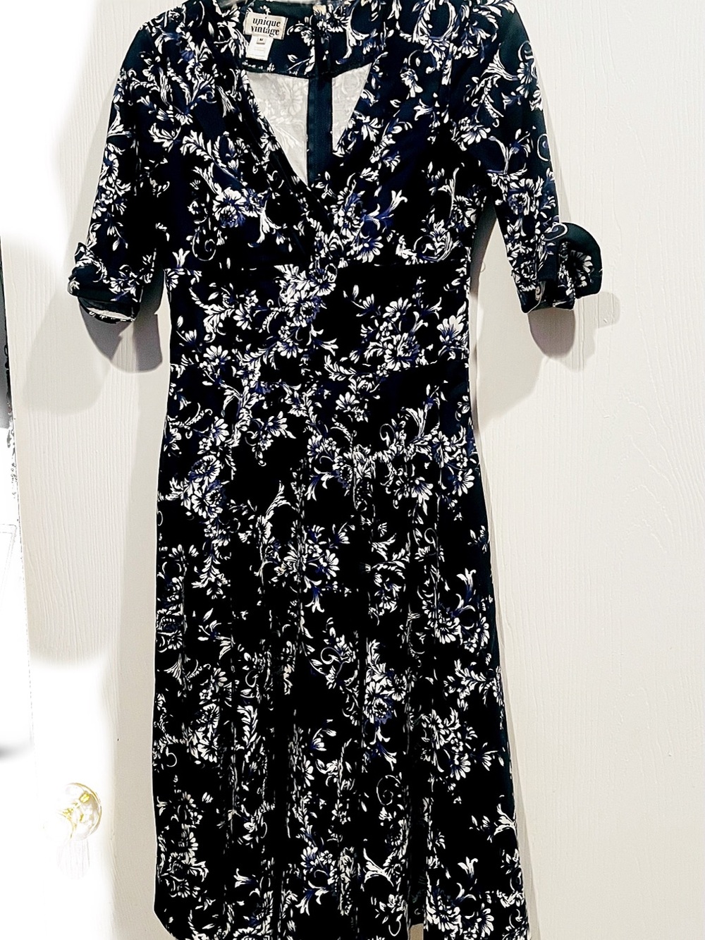 Unique Vintage Black Floral Midi Dress with White and Blue Print